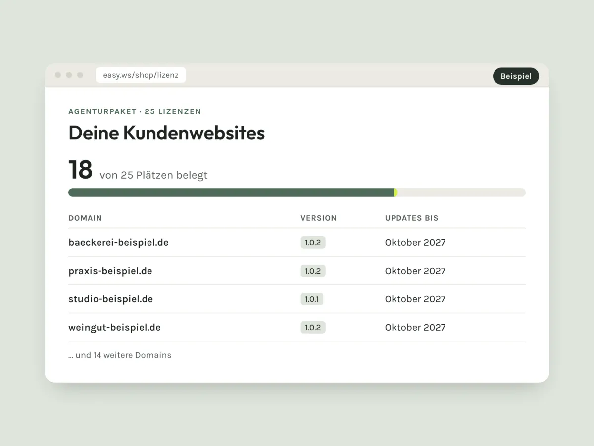 Übersicht eines Agenturpakets: 18 von 25 Plätzen belegt, darunter die Domains mit Version und Update-Zeitraum.